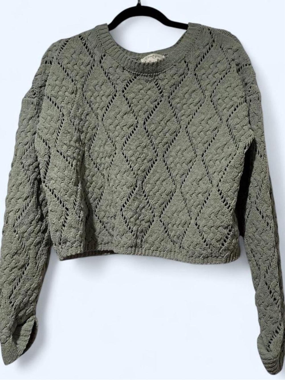 Fairycore Cropped Sweater Large Pointelle Open Knit Notched Cuff sage green